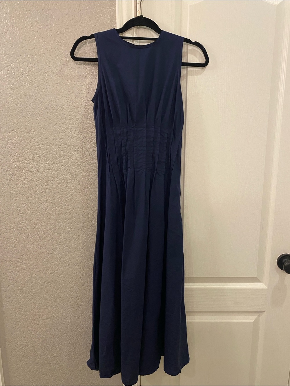 1.STATE Indigo Night Navy Blue Sleeveless Pintuck Cotton Fit & Flare Midi Dress